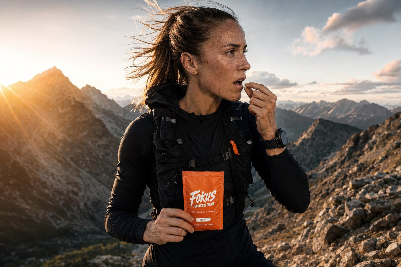 Trail runner chewing FOKUS Tropical at sunrise